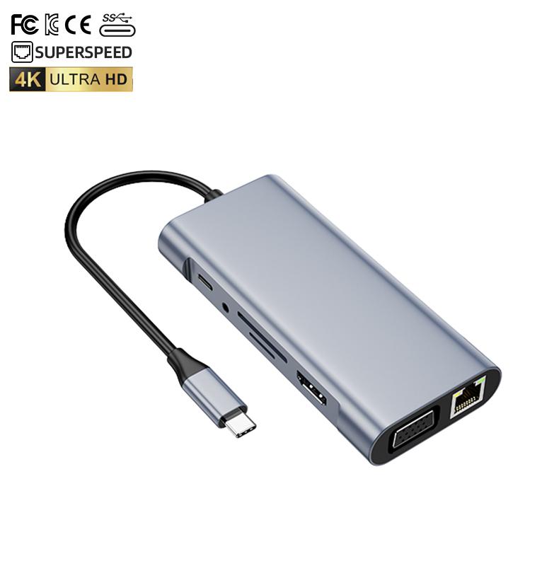 Price 11 in 1 Usb3.0 hdmi Hub Fast Charge 4K HDMI VGA USB3.0*4 Usb c Hubs RJ45 100M SD TF AUDIO3.5mm USB HUBS