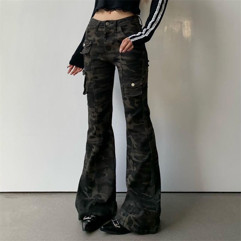 Design camouflage tooling jeans women's American high-waisted large-size flared pants loose and fat mm slim-fitting horseshoe long pants