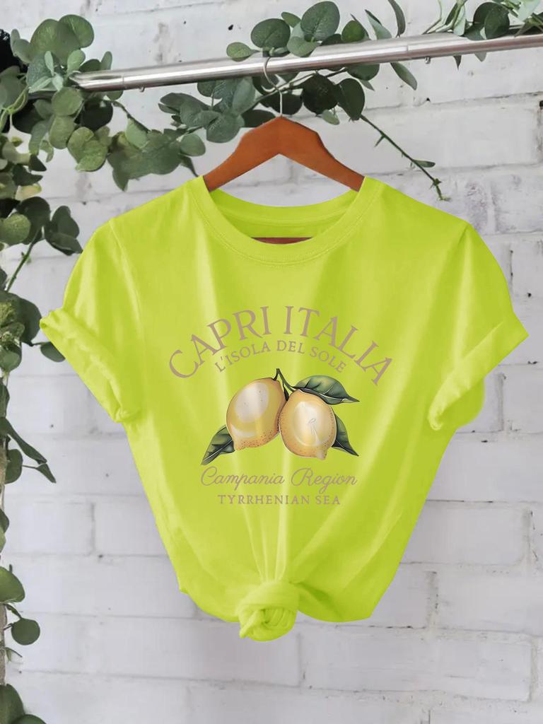 Женская футболка с короткими рукавами из чистого хлопка с принтом лимона, европейский и американский стиль, круглый вырез, летний дизайн