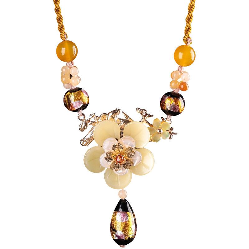 GEMCHIC Women's Vintage Ethnic Style Yellow Glass Flower Pendant Necklace with Agate Beads
