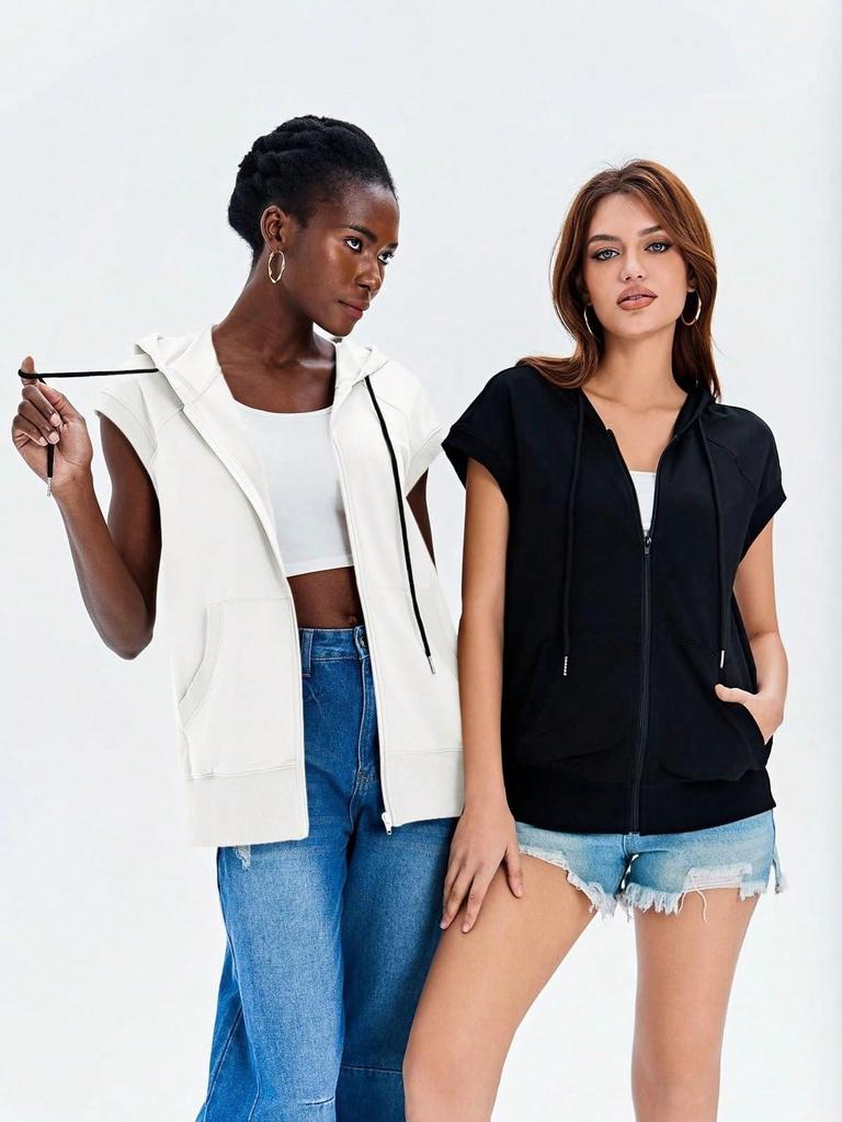 Women's Sleeveless Zip Up Hoodie Vest Loose Drawstring Lightweight Jacket with Pockets