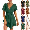 Женское модное повседневное однотонное платье с коротким рукавом и v-образным вырезом, свободная талия, рюшами