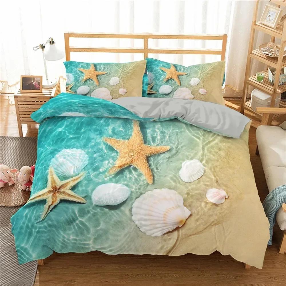 Luxury New 3D Print Beach Starfish Duvet Cover Set Queen Blue Cute Ocean Creatures Bedding Set Sea Shells Starfish Cover