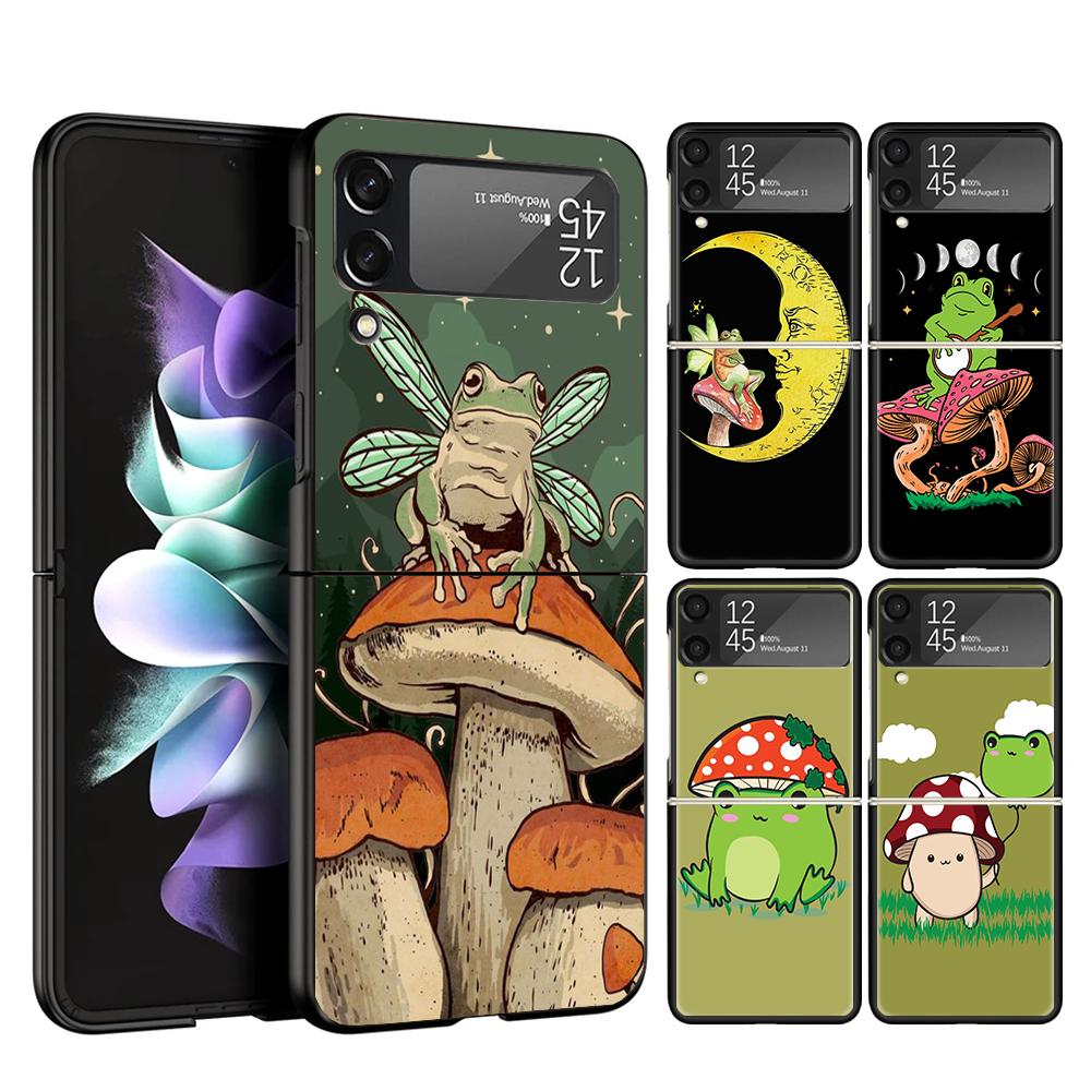 Коттеджкор Лягушка Гриб Кавайный Чехол для Телефона Для Samsung Galaxy Z Flip 7 6 5 4 3 5G Flip7 Flip6 Flip5 Flip4 Flip3 Черный Забавный