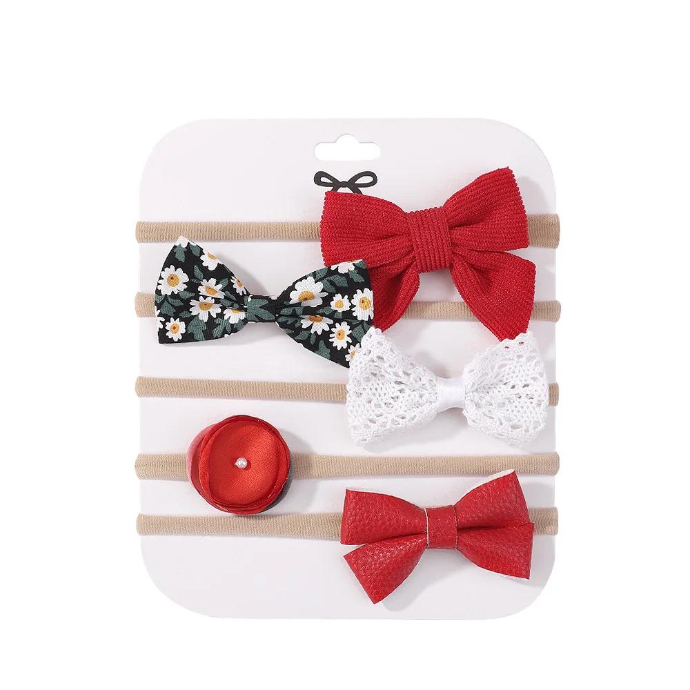 5 шт. детские банты кружевные цветы повязка на голову с принтом нейлон хлопок резинки для волос для девочек детей новорожденных малышей мягкие аксессуары для волос