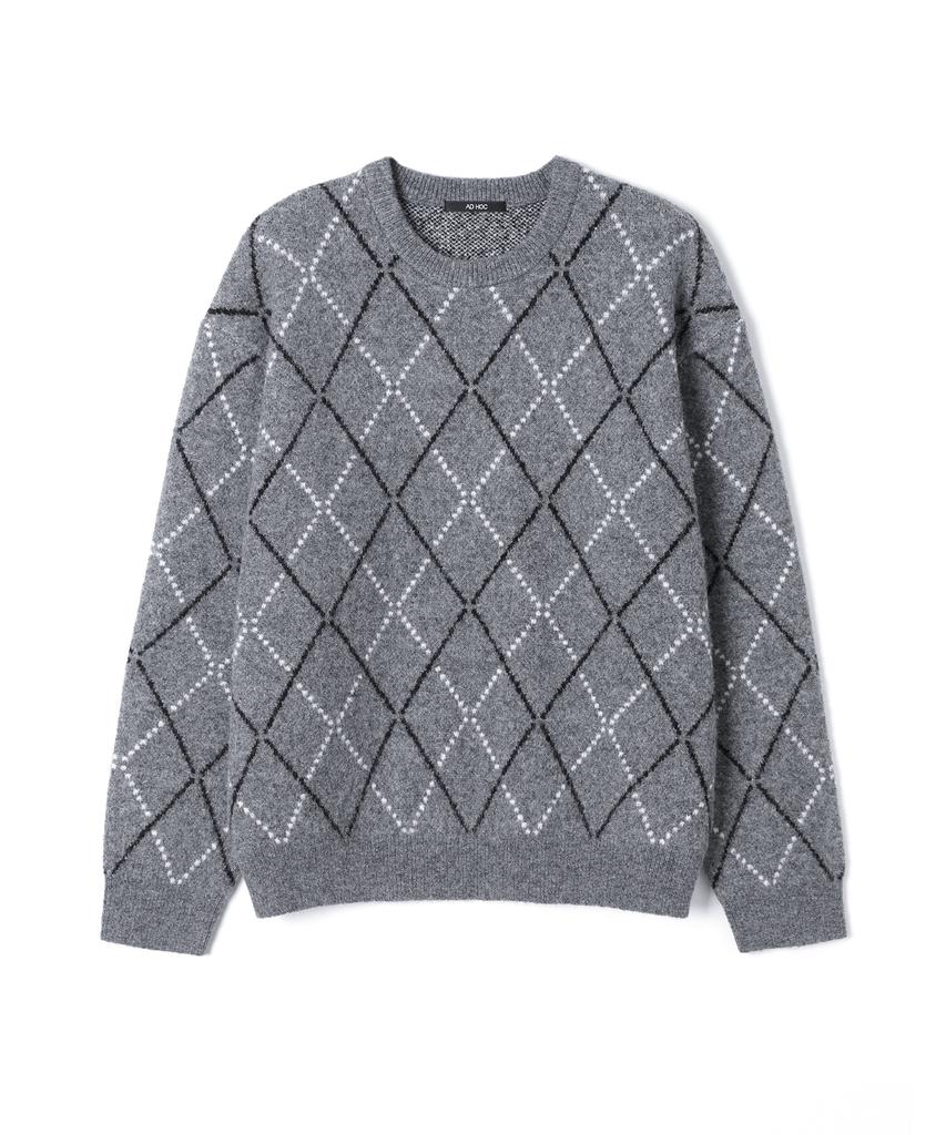 ADHOC Men'S Round Neck Argyle Oversized Knit (M-Grey) (Hbalk05)