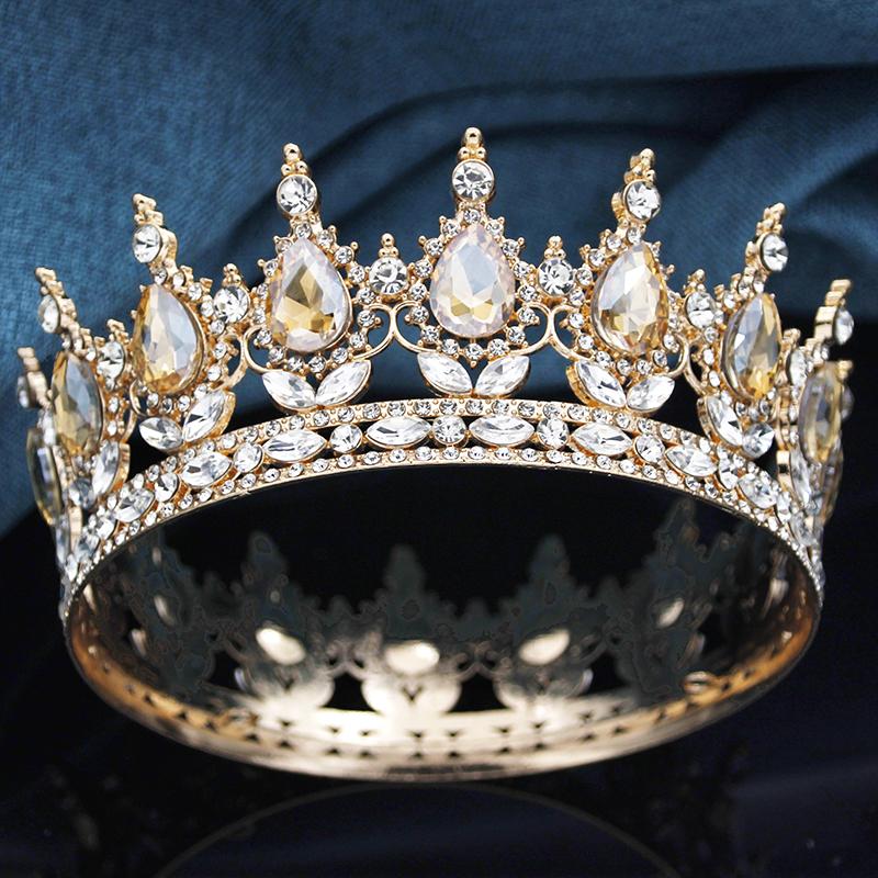 Queen King Wedding Crown Round Tiaras and Crowns Bride Diadem Birthday Party Cake Topper Jewelry Hair Accessory
