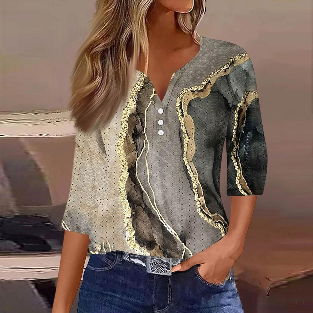 Women's Fashion V-Neck Button Seven Sleeve T-Shirt Casual Geometric Splicing Printed Top