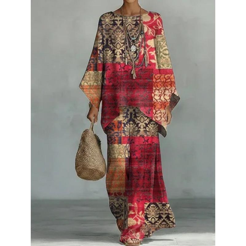 16 European and American artistic sense abstract graffiti casual suit round neck bat sleeve top + wide leg pants loose two-piece set