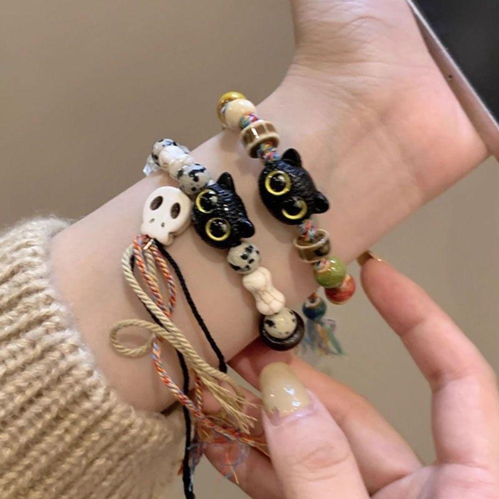 Skull Cat Black Cat Bracelet Colorful String Cartoon Hand Ring Cute Handmade Bead Bracelet  Gift