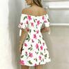 Women Plus Size Off Shoulder Short Sleeve Tie Cuff Printed White Blue Floral A Line Dress