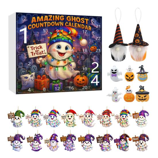 Хэллоуин Адвент-календарь 2025 24-дневный календарь обратного отсчета с акриловыми украшениями в виде призрака/гнома/тыквы для помещения