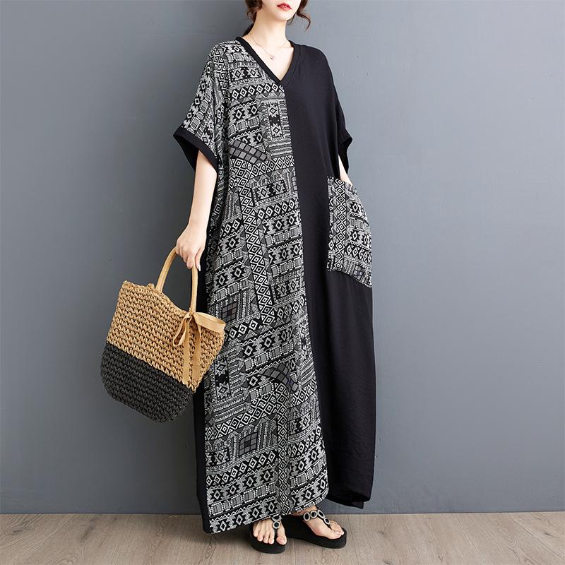 Plus Size Dress New Summer Holiday Basic Women V-Neck Loose Short Sleeve Vintage Long Spliced Dress