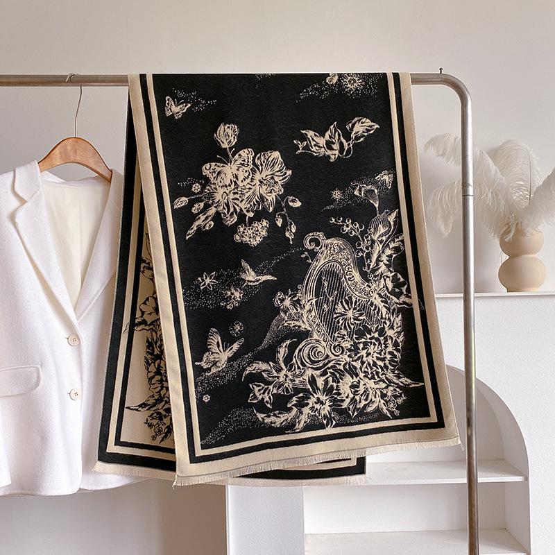 Imitation Cashmere Scarf Female Plant Retro Versatile Student Thickened Scarf Dual-Purpose Air Conditioner Shawl Outside