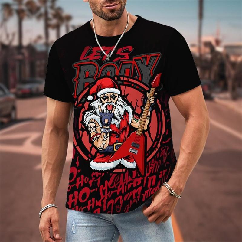 Funny Christmas Pattern T-Shirt For Men Santa Claus Music 3D Print Tees Summer Casual Short Sleeve Loose T Shirts Round Neck Top