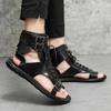 Men Roman Sandals Black White Leather Gladiator Sandals Outdoor Summer Roman Sandals for Men Peep Toe Open Toe Beach Shoes