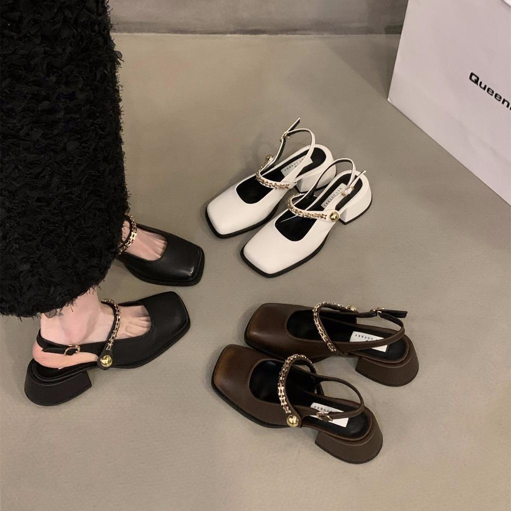 Французские черные босоножки-мешки на высоком каблуке, женская обувь 2024 года, новые весенне-летние туфли Мэри Джейн на толстом каблуке, вечерние туфли