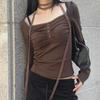 "Pure Lace Spliced Pleated Square Collar T-Shirt"