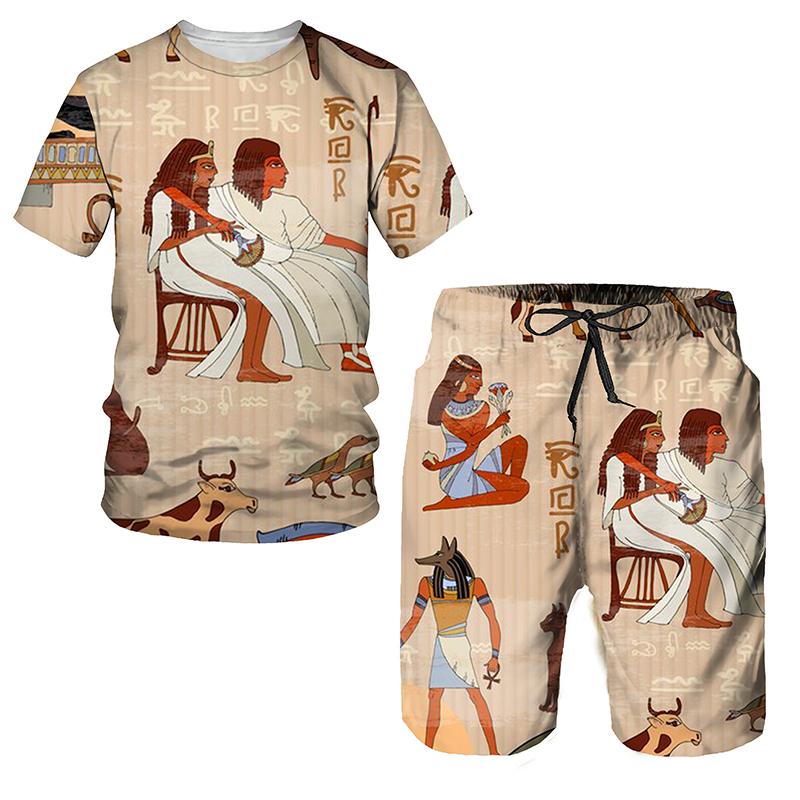 Летний мужской комплект футболок, модные шорты с коротким рукавом, комплект из 2 предметов, спортивный костюм большого размера, повседневный красивый уличный костюм в египетском стиле