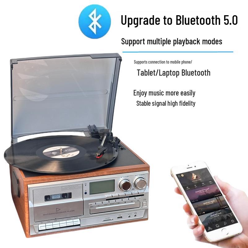 Ten-in-One Retro Vinyl Record Player: Bluetooth Speaker, Radio, Cassette & CD Player, Transcriber – Perfect Gift!