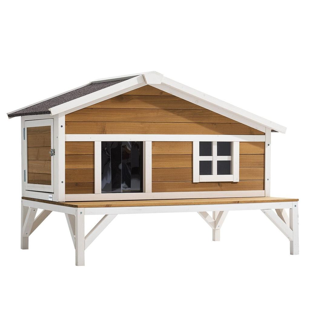 Insulated Cat House, All-Around Foam Insulation Elevated Cat Shelter, Wooden Feral Kitty Shelter with Large Platform, Waterproof Cats Condos for