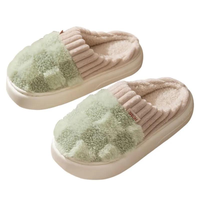 Autumn Winter Women's Slippers Fashion Couple Plaid Cotton Slippers Soft Sole Slides Women Indoor Flat Home Non-slip Warm Shoes