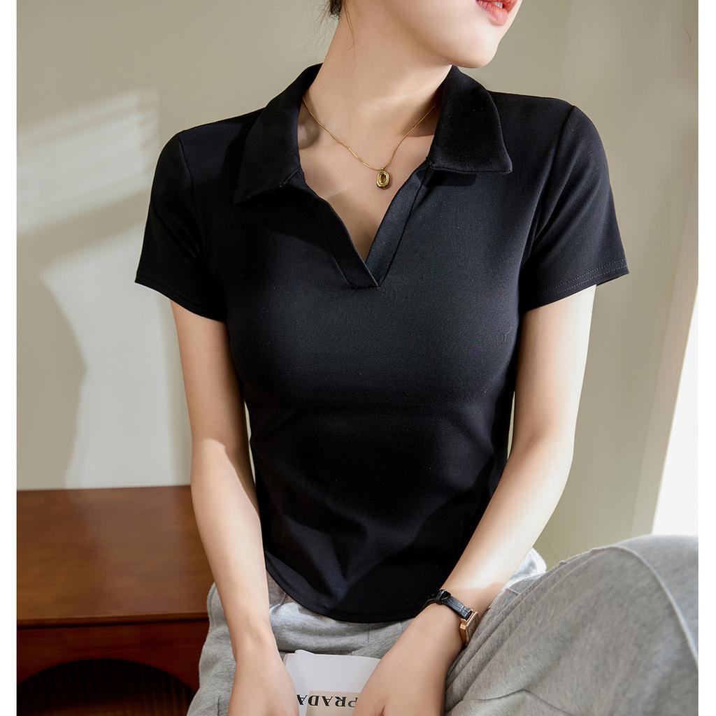 Summer Women's Positive Shoulder Slim Cotton Polo Neck Curved Short Sleeve T-Shirt