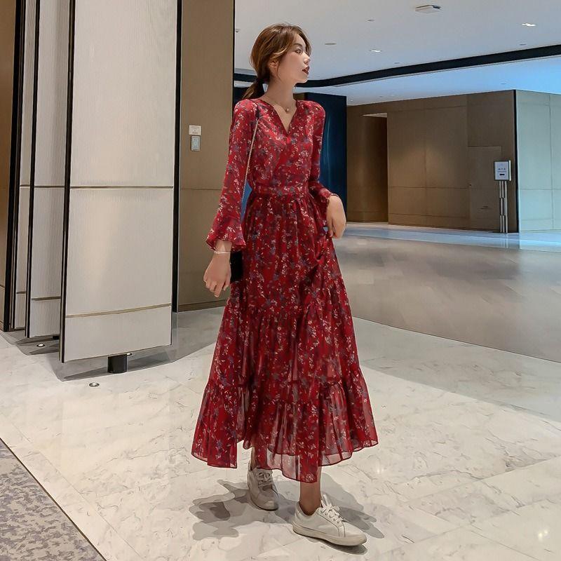 WTEMPO Брендовое фрагментированное шифоновое платье с длинными рукавами, свободная универсальная юбка в стиле ретро с большим подолом, тонкие, высокие, супер длинные юбки до колена