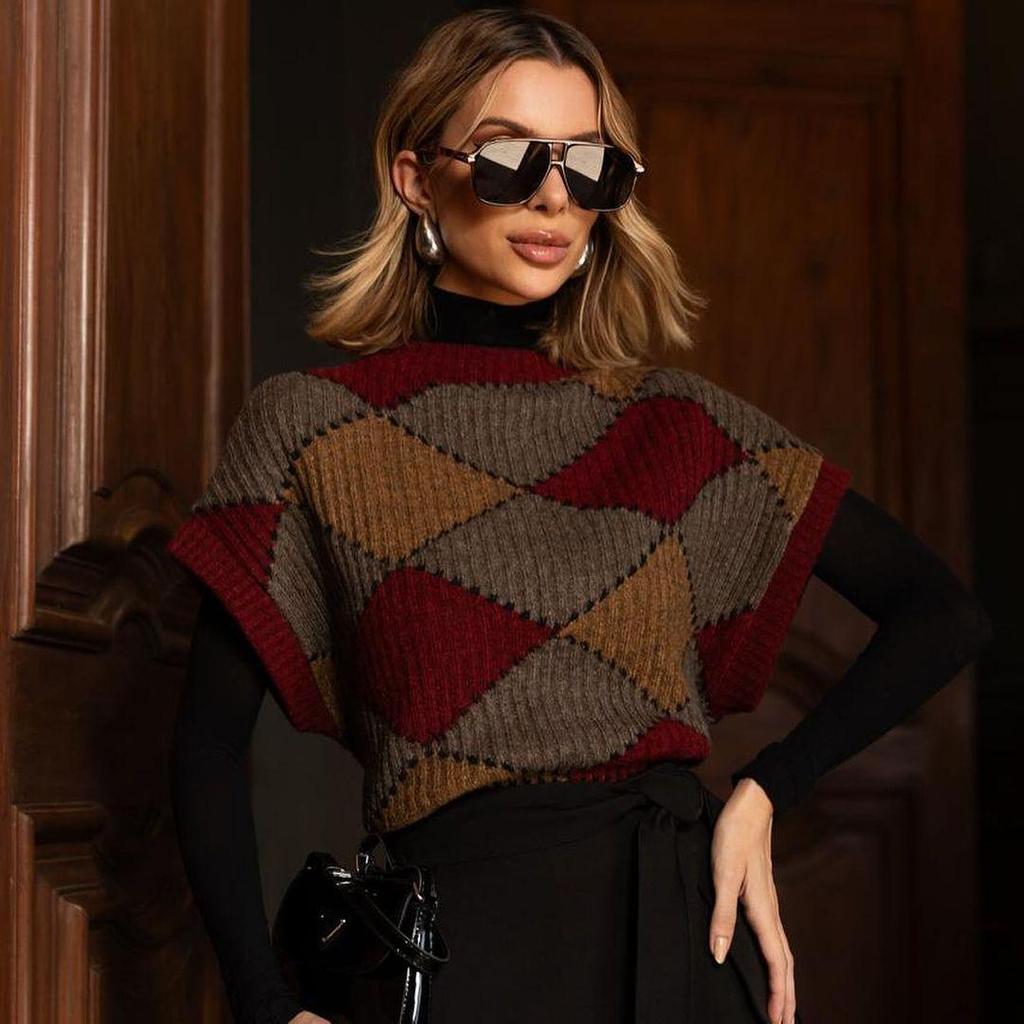 2024 Autumn Women's Slim Fit Diamond Print Knitted Vest