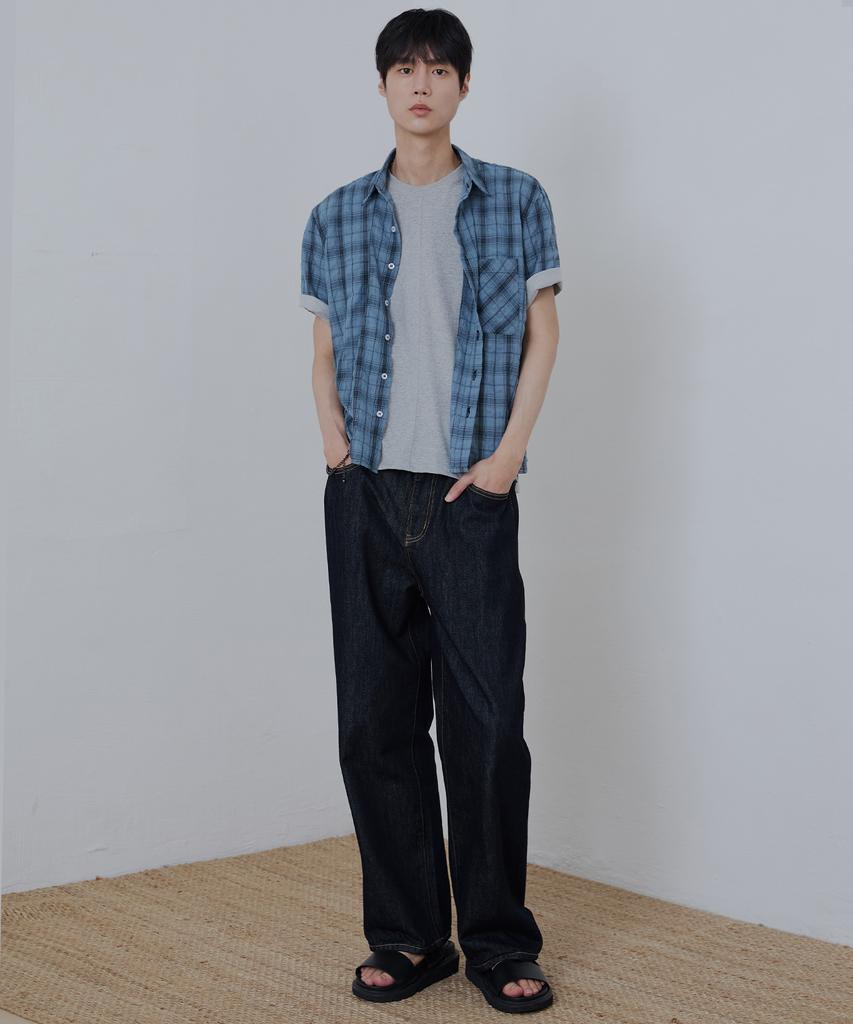 NODU Seersucker Check Crop Half Shirt [Blue]