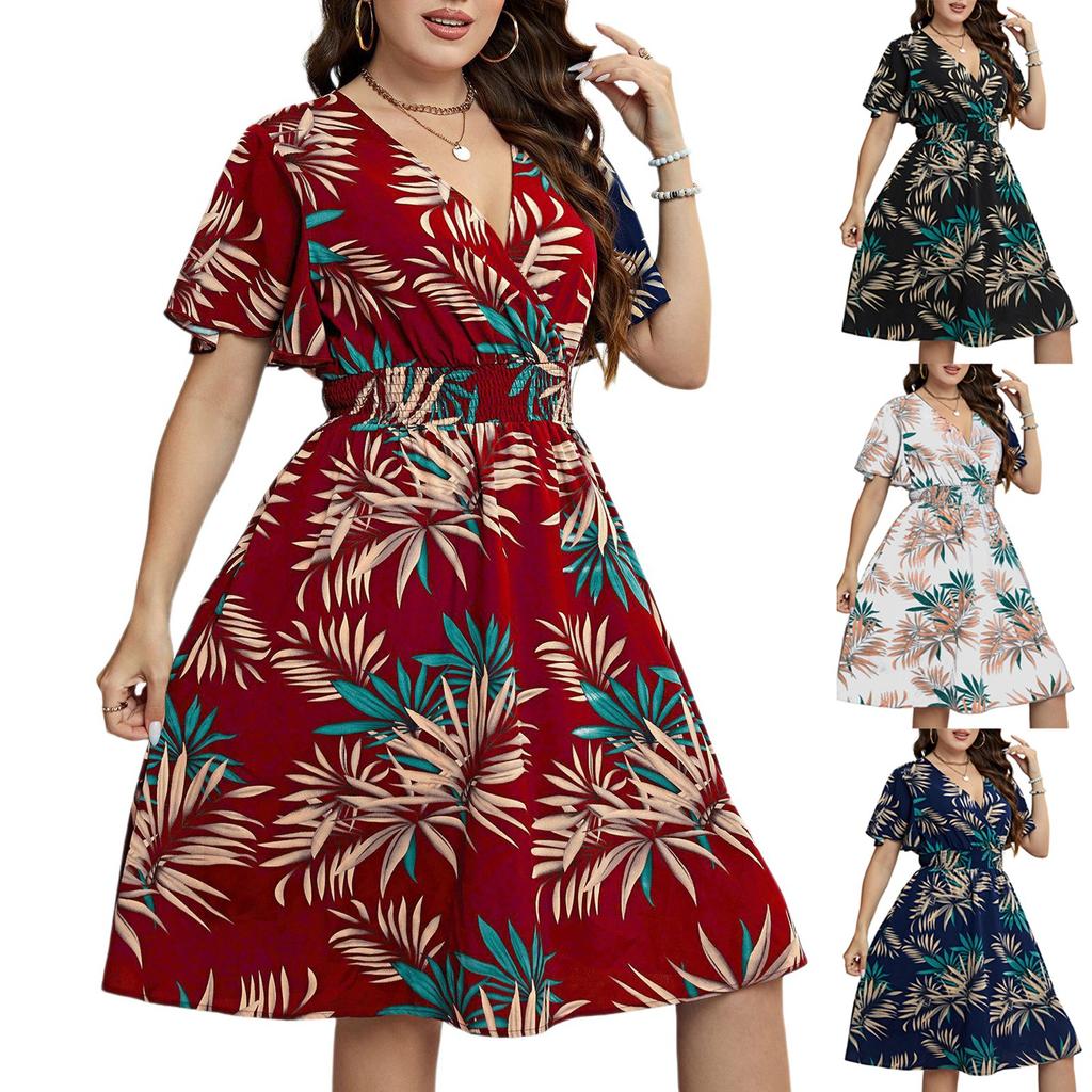 Women's Fashionable Print Round Neck Loose Short Sleeved Pocket Pullover Dress