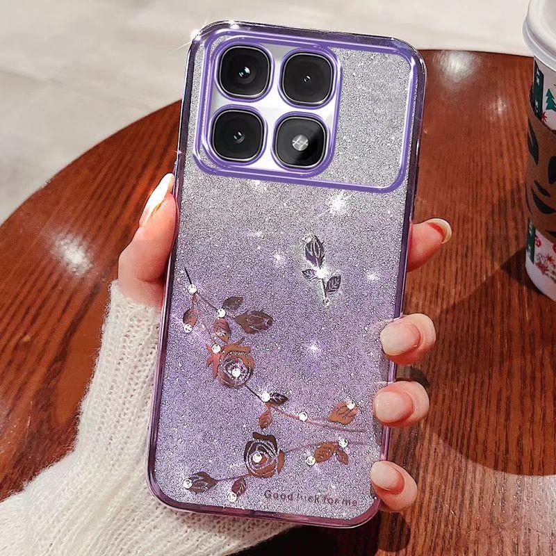 Чехол для телефона XiaoMi 14T 5G, Mi 14T Pro 5G Flash Pink Flower Прозрачный противоударный защитный чехол с роскошным бриллиантовым сиянием