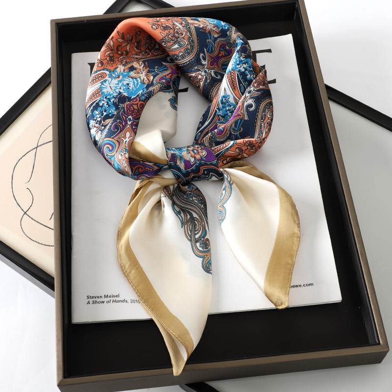 Luxury Women Silk Square Scarf Shawl Fashion Xiaoxiangfeng Print Design Satin Hijab Wraps Neckerchief Female Hair Bands 70*70CM