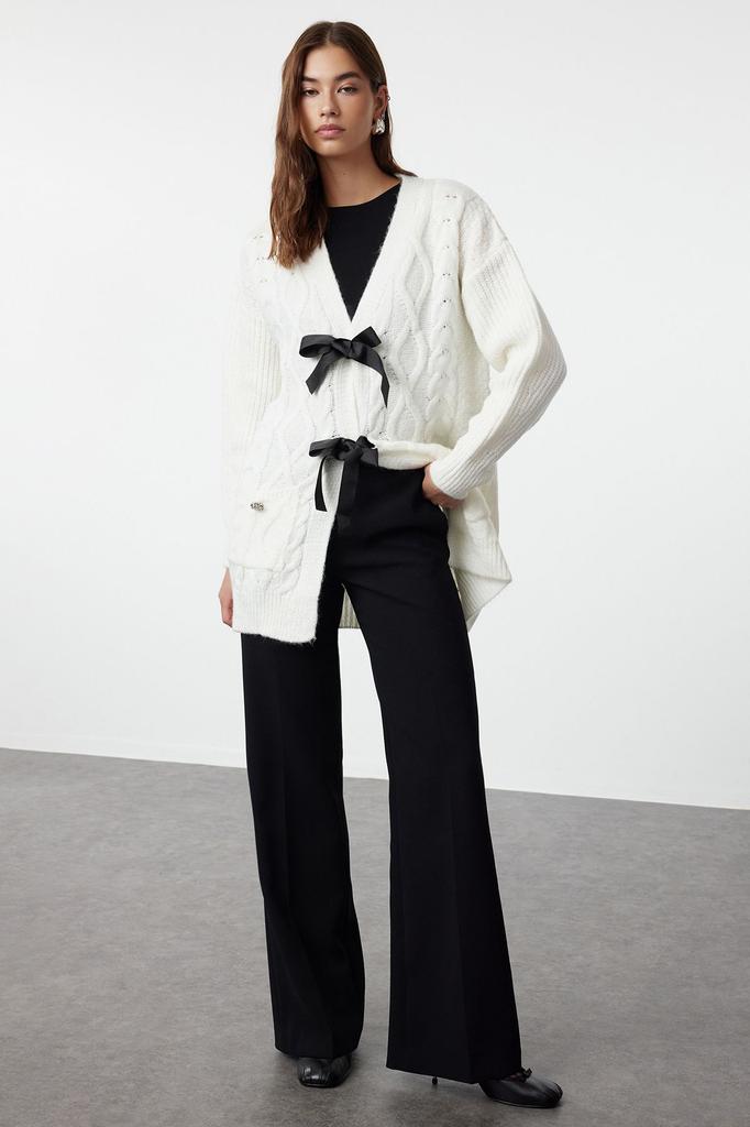 Женский модный стильный кардиган в стиле хиджаб с каменным бантом и лентой, трикотажный кардиган на пуговицах с камнями