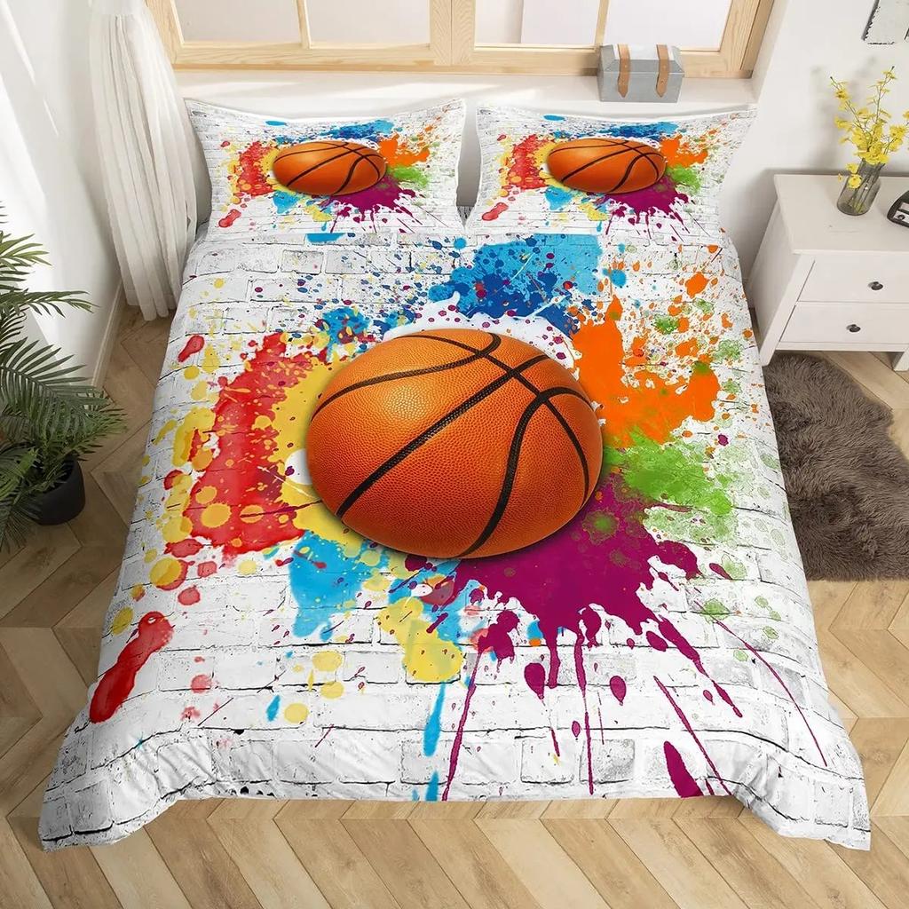 Пододеяльник с баскетбольным мячом Queen Blue Red Green Tie Dye Комплект постельного белья Grunge Neon Sports Покрывало Neon Ball Game Покрывало
