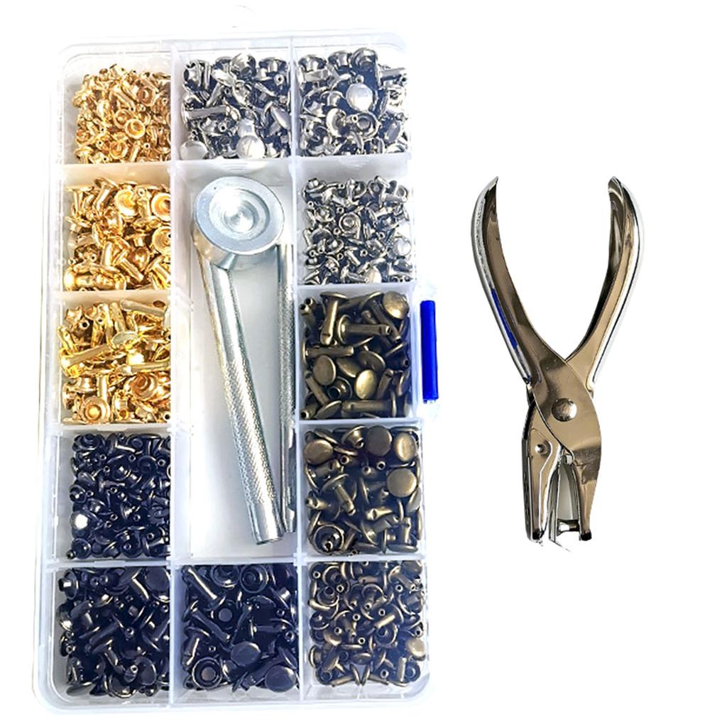 180 Sets Leather Rivets Double Caps Rivet Tubular Metal Studs with 3 Setting Tool Punch Plier for Leather Craft Repair