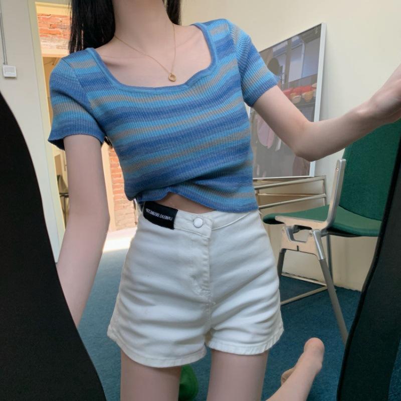 Вязаный топ с квадратным вырезом и короткими рукавами для женщин, летний, облегающий, шикарный, нишевый, короткий, трендовый, повседневный, летний базовый, комфорт и стиль, облегающий крой, пуловеры, футболки