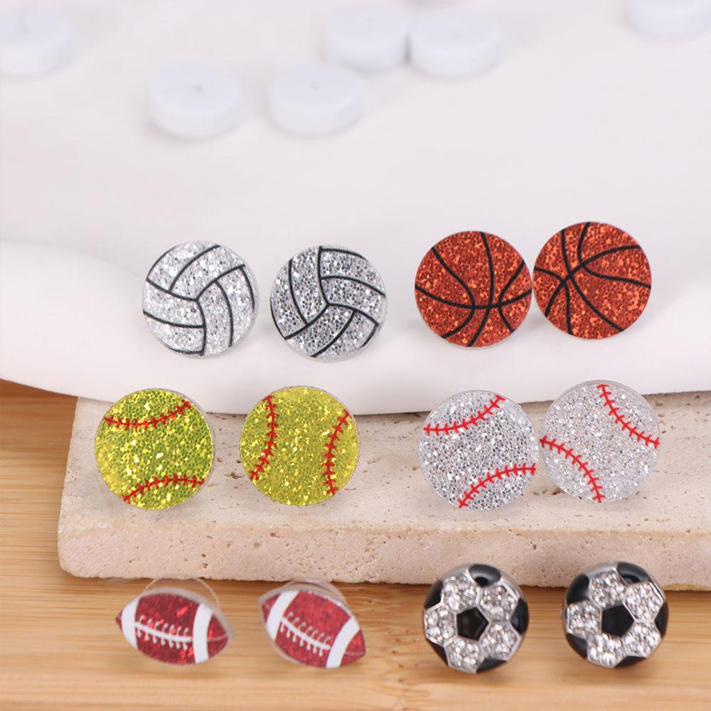 Acrylic Sparkling Ball Stud Earrings Soccer Rugby Volleyball Ear Jewelry Athletes Sports Fans
