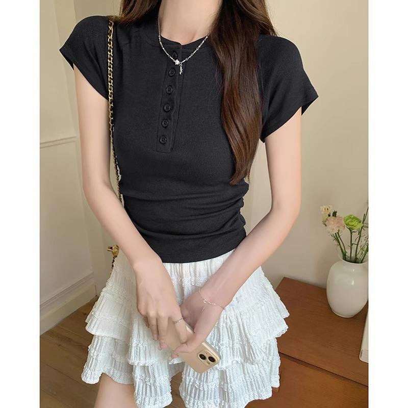 Французское лето однотонная рубашка на пуговицах с прямым плечом, полуоткрытым воротником, коротким рукавом, приталенная футболка с рукавом реглан для женщин