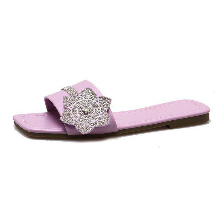 Женские роскошные тапочки с бриллиантами и цветами, модные повседневные сандалии на плоской подошве, женские шлепанцы с мыском, пляжные шлепанцы для отдыха