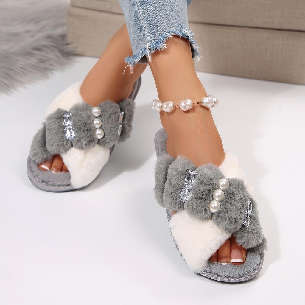 Fashion Fashion Mix Color Faux Fur Slides Women 2025 Winter Luxury Pearl Glitter Cotton Indoor Slippers Warm Short Plush Slippers