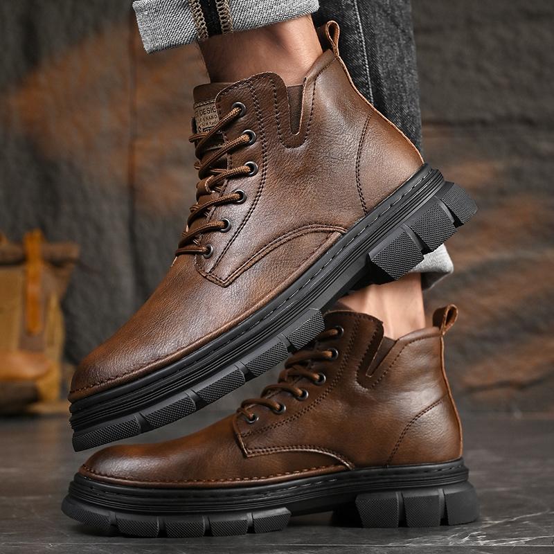 Hot Sale Men's Lace-Up Motorcycle Boots Leather Fashion Walking Shoes New Men Brand Mens Sneakers Male Comfortable Ankle Boots