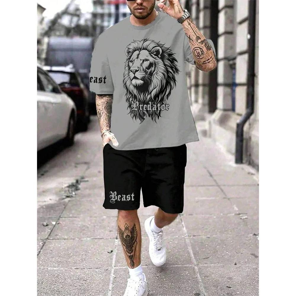 Fashion Lion King 3D Printed Men's Summer Animal Print Relaxed Fit Short Sleeve & Shorts 2-Piece Casual Sport Outfit Set