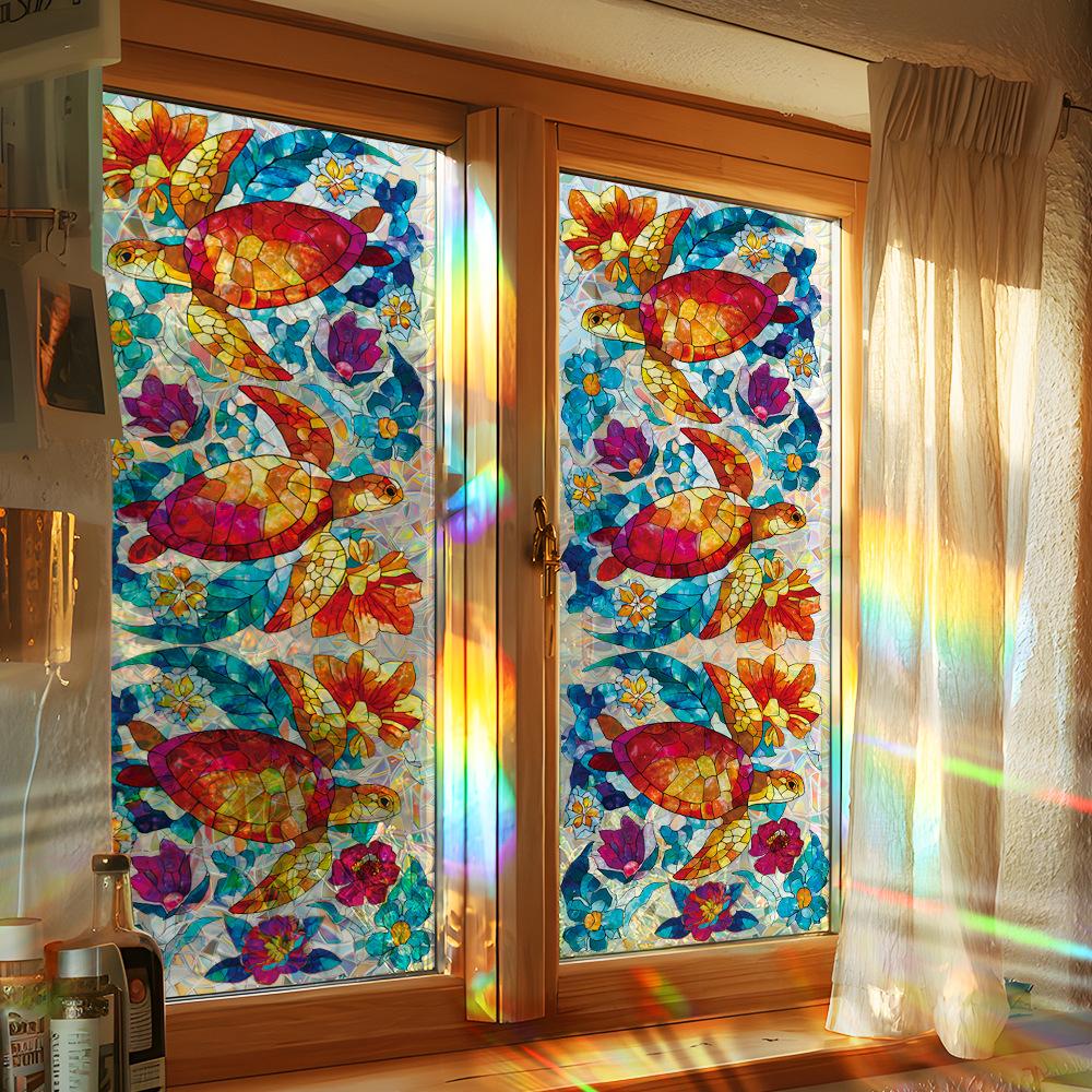 Персонализированные лазерной резки блестящие черепахи и цветочные декоративные статические наклейки для стеклянных дверей и окон ванной комнаты