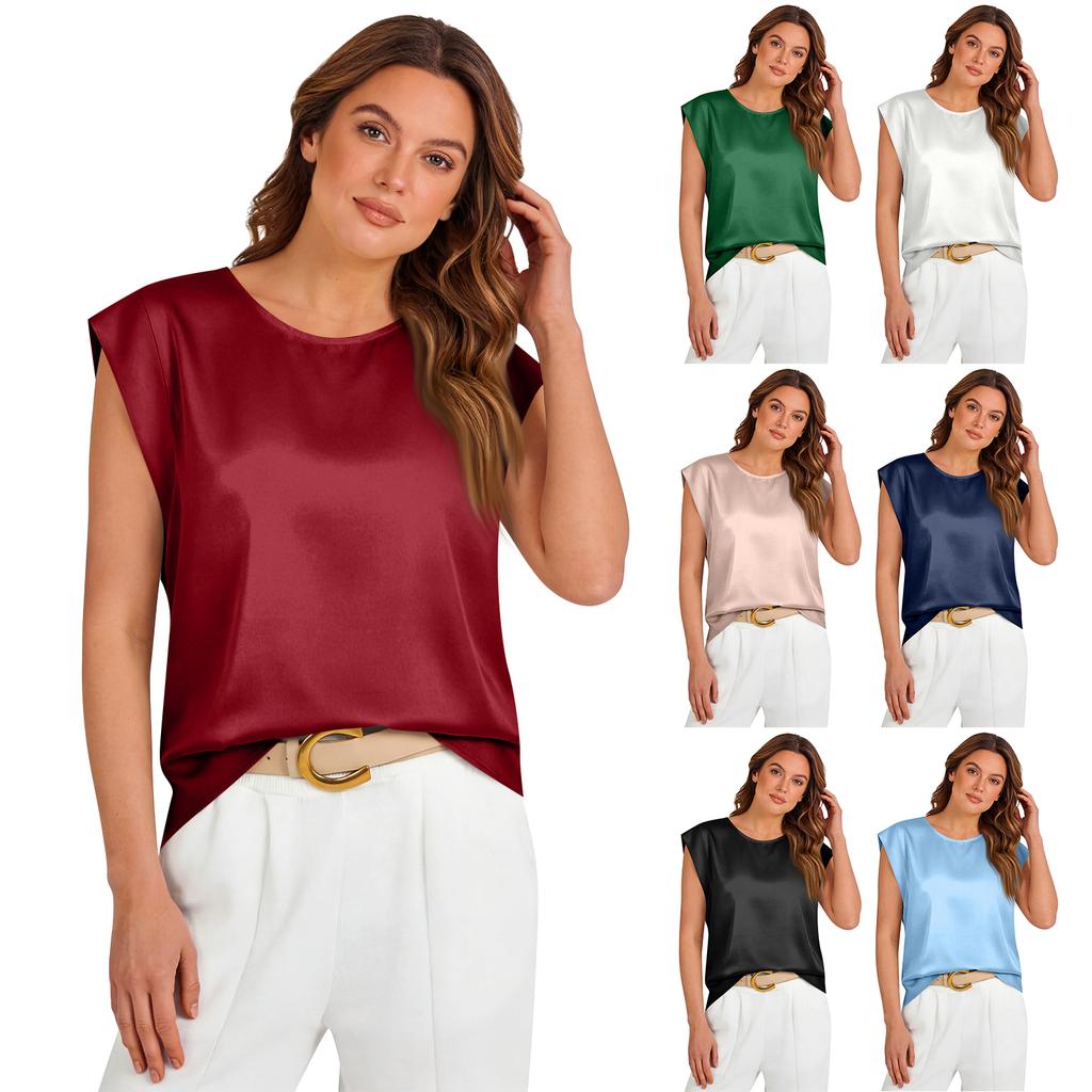 Women's Satin Blouse Summer Shirt Round Neck Tank Top Loose-Fitting Business Casual Top