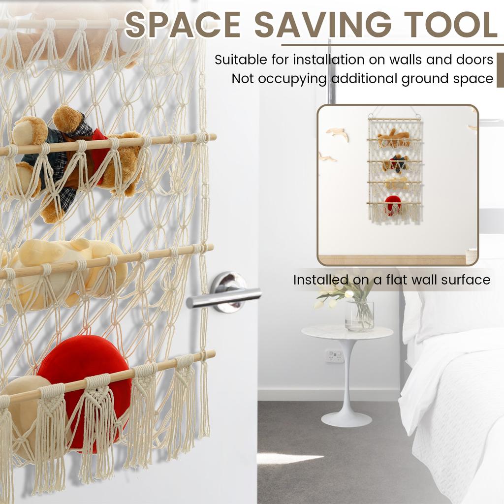 4 Tiers Toy Net Stuffed Animal Storage Hammock Cute Stuff Animal Organizer Plushie Net Space Saving Macrame Wall Toy Holder