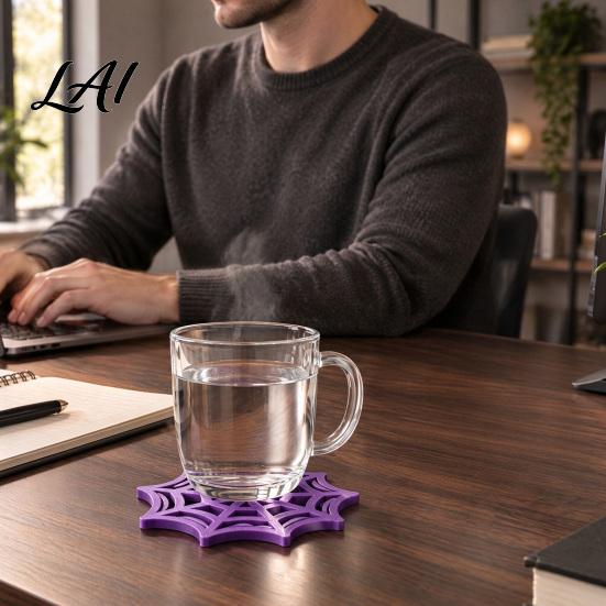 Black Spider Web Mats Shaped Coaster Heat Resistant Hollow Design Cup Mat Unique 3D Printed Halloween Style Desktop Pad for Table Protection