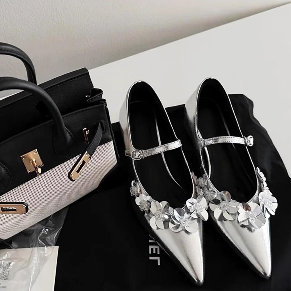 Японские остроносые балетки с пайетками, новые, холодный дым, ремешок Мэри Джейн