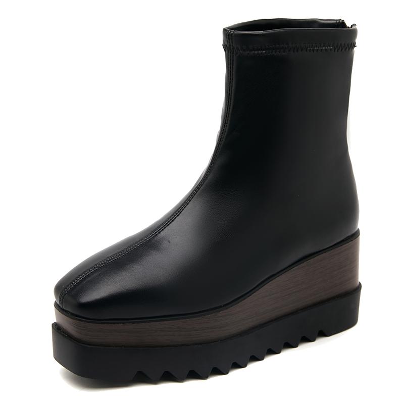 8cm Chunky Platform Boots Womens High Heels Winter Warm Ankle Boots Casual Back Zipper Wedges Creepers Black Ladies Boots
