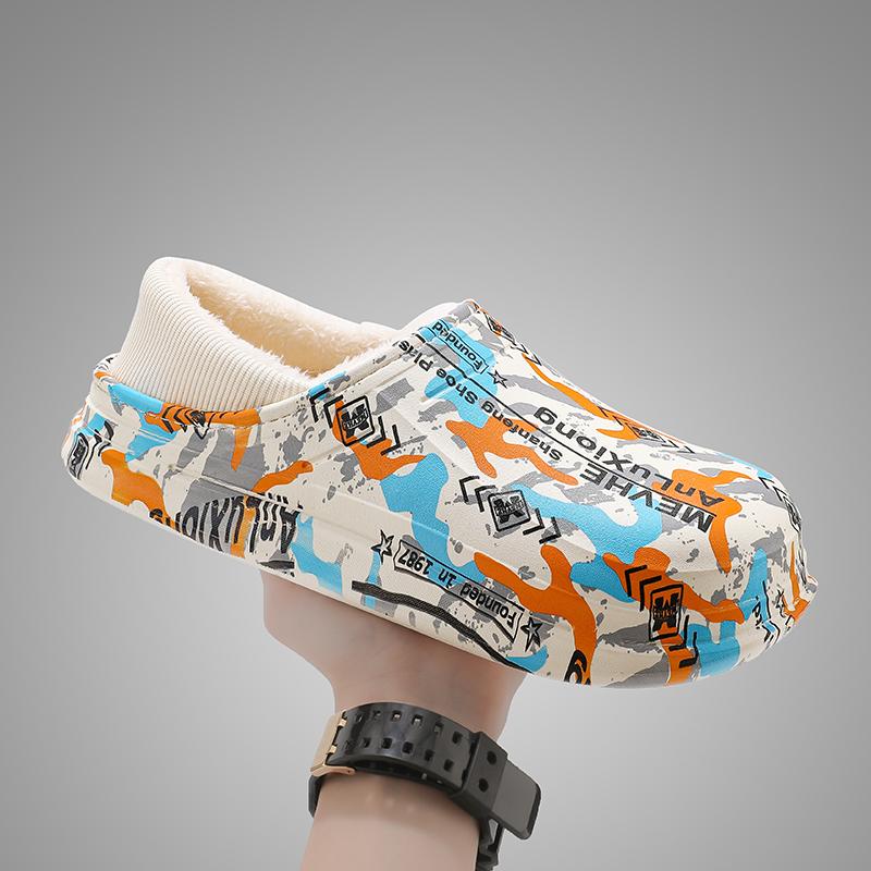 Модные зимние мужские тапочки из хлопка с рисунком для дома и улицы, толстые, плоские, на меху, нескользящие, плюшевые, водонепроницаемые, без застежек, для улицы